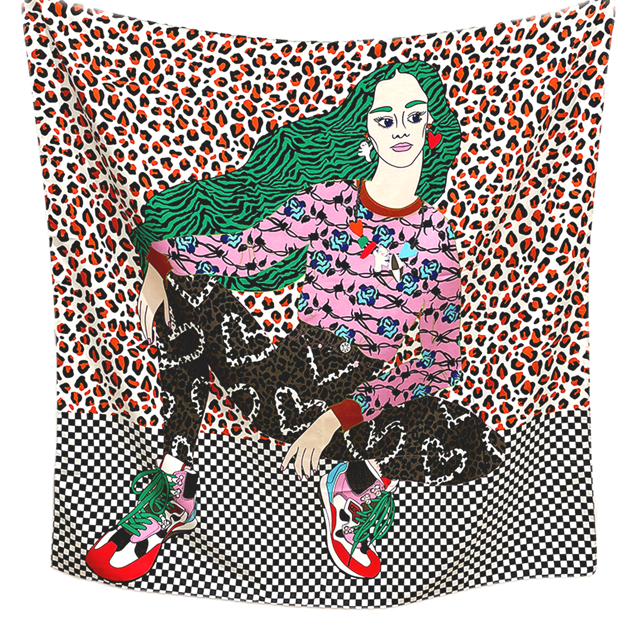 Green Hair Woman Graphics Printed Square Scarf