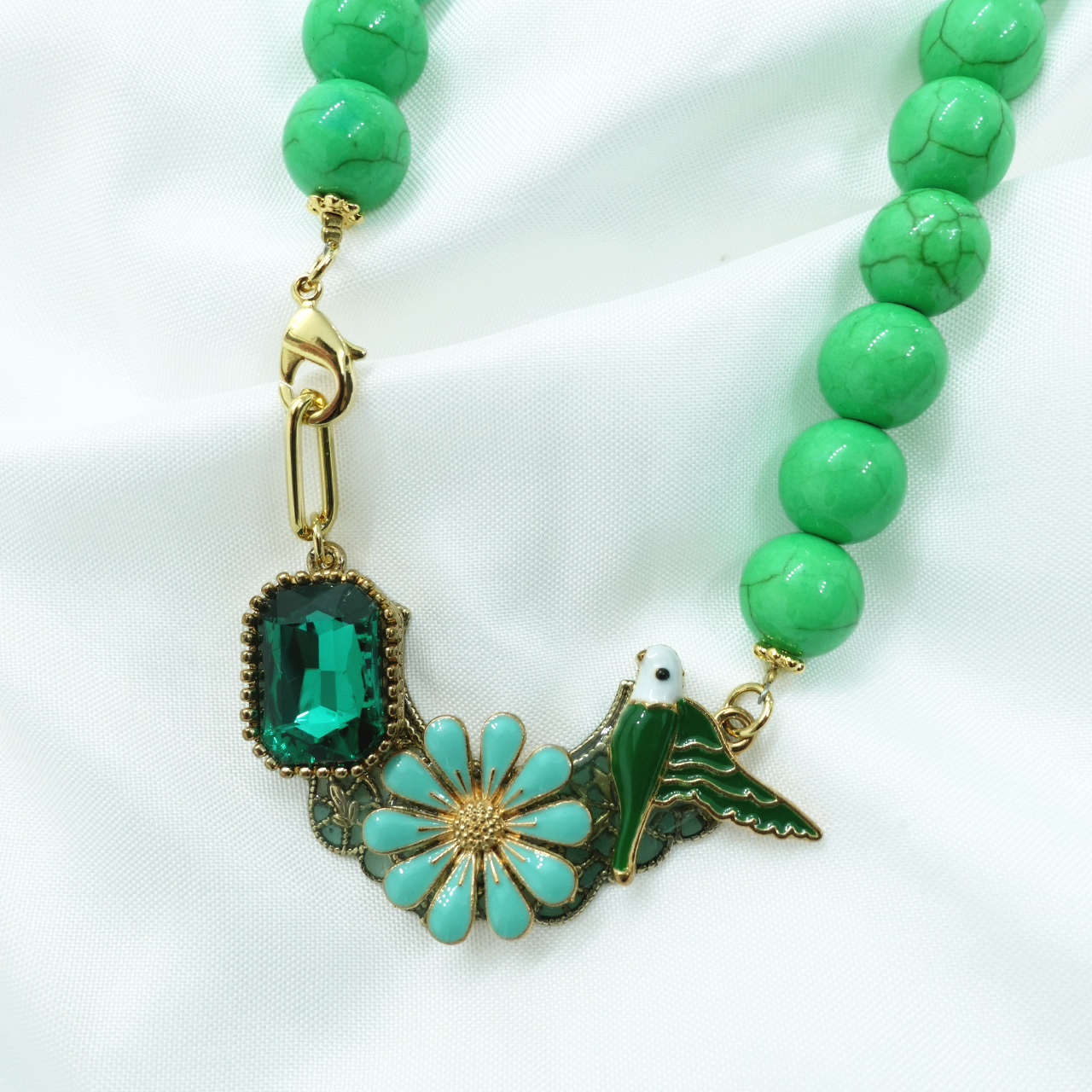 Green Bloom & Bird Pendant Necklace