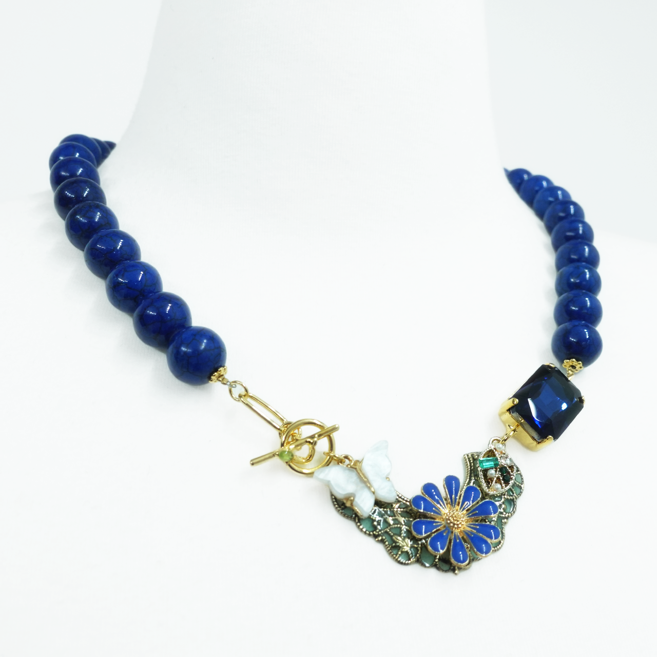 Blue Bloom & Butterfly Pendant Necklace