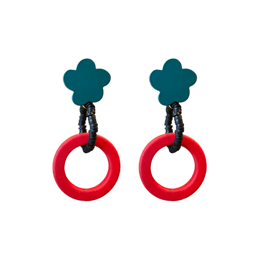 Green Flower with Red Circle Earrings